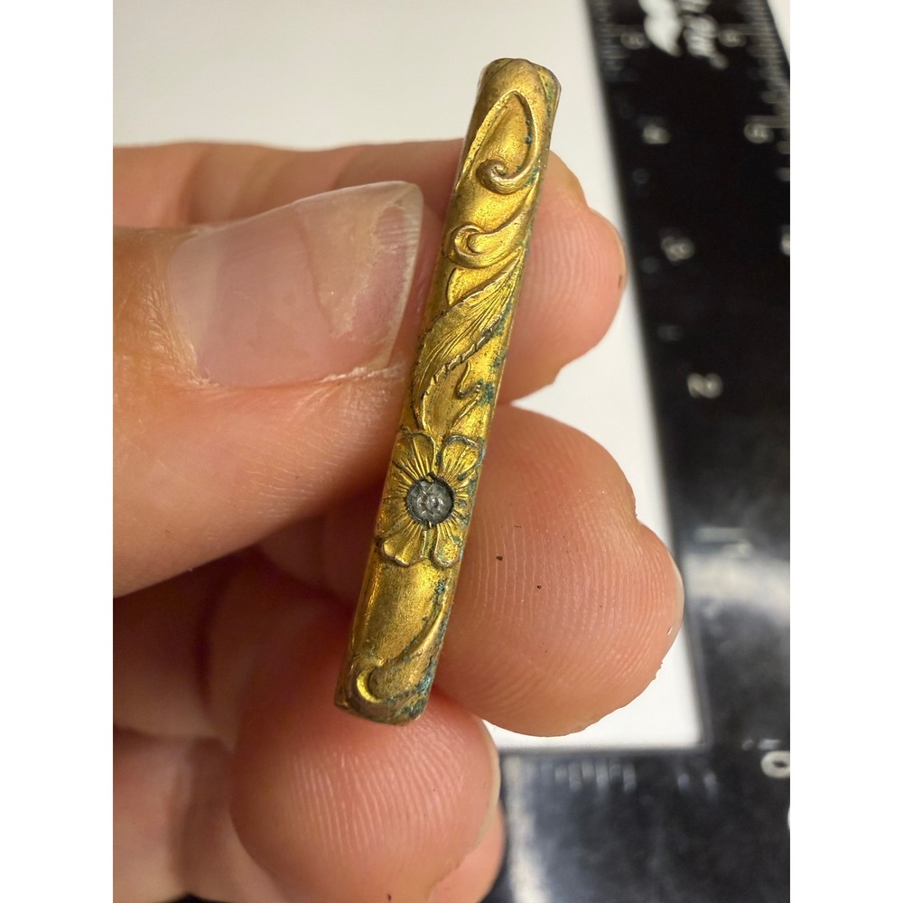 Antique Art Nouveau Gold Tone Floral Bar Pin Rhinestone C-Clasp Brooch